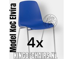 King of Chairs -set van 4- model KoC Elvira blauw met verchroomd onderstel. Kantinestoel stapelstoel kuipstoel vergaderstoel tuinstoel kantine stoel stapel kantinestoelen stapelstoelen kuipstoelen stapelbare keukenstoel Helene eetkamerstoel