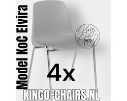 King of Chairs -set van 4- model KoC Elvira lichtgrijs met verchroomd onderstel. Kantinestoel stapelstoel kuipstoel vergaderstoel tuinstoel kantine stoel stapel kantinestoelen stapelstoelen kuipstoelen stapelbare keukenstoel Helene eetkamerstoel