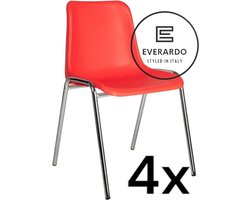 King of Chairs -set van 4- model KoC Everardo rood met verchroomd onderstel. Kantinestoel stapelstoel kuipstoel vergaderstoel tuinstoel kantine stoel stapel kantinestoelen stapelstoelen kuipstoelen stapelbare keukenstoel Helene eetkamerstoel