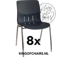 King of Chairs -set van 8- model KoC Denver antraciet met verchroomd onderstel. Kantinestoel stapelstoel kuipstoel vergaderstoel tuinstoel kantine stoel stapel stoel Jolanda kantinestoelen stapelstoelen kuipstoelen stapelbare Napels eetkamerstoel