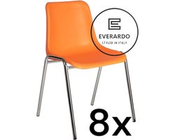 King of Chairs -set van 8- model KoC Everardo oranje met verchroomd onderstel. Kantinestoel stapelstoel kuipstoel vergaderstoel tuinstoel kantine stoel stapel kantinestoelen stapelstoelen kuipstoelen stapelbare keukenstoel Helene eetkamerstoel