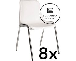 King of Chairs -set van 8- model KoC Everardo wit met verchroomd onderstel. Kantinestoel stapelstoel kuipstoel vergaderstoel tuinstoel kantine stoel stapel kantinestoelen stapelstoelen kuipstoelen stapelbare keukenstoel Helene eetkamerstoel