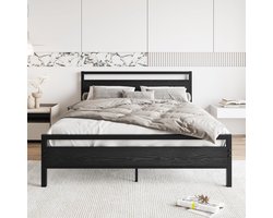 King Size Bedframe met Houten Hoofdbord en Metalen Frame met Opbergruimte 211x154x88,5 cm – Sterk Stalen Lattenbodem Zonder Boxspring, Geluidsarm en Modern Design Zwart