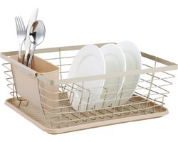 Kinghoff 1838 - Vaatwasrek - Afdruiprek - Afwasrek met Lekbak - Servies Droogrek met Bestekbak - Compact Keuken Afdruiprek - Metaal & Kunststof - Beige
