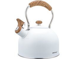 Kinghoff 1860 - Fluitketel met fluit - 2.5 liter - RVS - Wit met houten handgreep