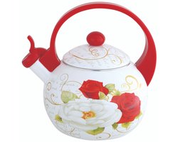 Kinghoff 1910 - Fluitketel - Emaille staal - Rood/wit/rose – 2 liter