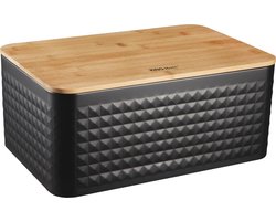 KINGHOFF - Broodtrommel - Brooddoos - Brood Bewaarbox met Snijplank - Moderne Broodbox - Brood Opbergen Keuken - Staal - 35.5 x 23 x 15.5 cm - Zwart
