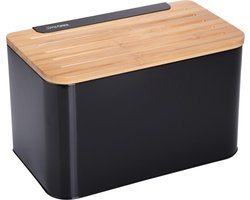 KINGHOFF - Broodtrommel - Brooddoos met Bamboe Deksel - Brood Bewaarbox Keuken - Brooddoos Modern en Stijlvol - Staal - 35 x 20 x 21.5 cm - Zwart
