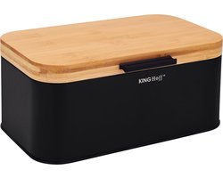 KINGHOFF - Broodtrommel - Compacte Brooddoos met Bamboe Deksel - Staal Broodbox - Brood Bewaarbox Keuken - Moderne Broodtrommel - 30 x 20 cm - Zwart