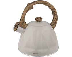 KINGHoff Fluitketel 2 Liter – RVS – Inductie Geschikt – Crème Beige met Houtlook Handgreep – Diamantstructuur – KH-1998