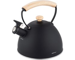 KINGHoff Fluitketel 2.5 Liter – RVS – Inductie Geschikt – Mat Zwart met Houten Handgreep – Minimalistisch Ontwerp – KH-1999