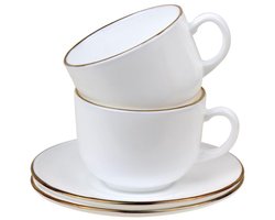 KingHoff Kop en Schotel Set 12-delig - Wit Opaalglazen Koffiekopjes met Gouden Rand - 210 ml - Set voor 6 Personen