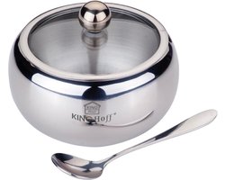 Kinghoff Roestvrijstalen Suikerpot - 460 ml met Glazen Deksel en Lepel - Satijn Afwerking