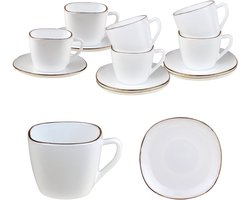 KingHoff Vierkante Kop en Schotel Set 12-delig - Wit Opaalglazen Koffiekopjes met Gouden Rand - 220 ml - Modern Design - Koffieset Schotelset