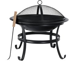 KINGHoff - Vuurkorf - Tuinhaard Buiten met Grill - Terras Vuurplaats met Vonkenscherm - Houtskool Vuurkorf Tuin - Inclusief Pook - Metaal - Ø54.5 x 53 cm - Zwart