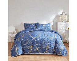 Kingsize blauwe gewatteerde sprei met gouden marmer print - luxe microfiber beddengoed