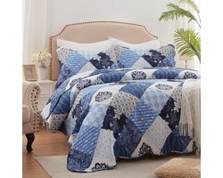 Kingsize Dekbedovertrekset - Beddengoed set - Slaapkamer Decoratie - Omkeerbaar Patchwork Design - 228 x 254 cm - Blauw
