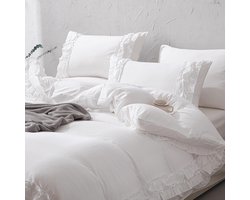 Kingsize dekbedovertrekset met ruches - Effen witte boho beddengoedset met kussenslopen voor jongens en meisjes