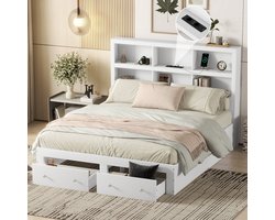 Kingsize-Plattformbett-160*200cm-Doppelbett-2 Schubladen am Fußende-Kopfteil mit Stauraum-Weiße Spanplatte