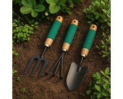 Kinzo Tuingereedschap Set 3-Delig - Set met Handhark, Vork en Schep - Comfort Grip en Antiaanbaklaag - Tuinaccessoires voor Bloempotten en Borders