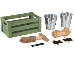 Kinzo Tuingereedschap Set - Tuinierset met Houten Tuinkist en 2 Metalen Plantenpotten - Tuinaccessoires Set voor Planten Verzorging - Kweekset Planten met Plantlabels Set - Groen