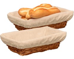 Kipit Broodmandje met stof - 2x - riet/canvas - bruin - 28 x 18 x 8 cm - landelijke stijl - Broodjes serveren