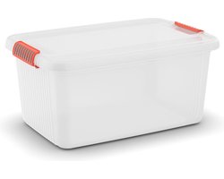 Kis K Latch Box L - Opbergbox met Deksel - 43L - 59x39x28 - Transparant/Oranje clips