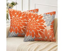 Kissenbezug 40x40 Sofakissen Oranje en Grijs 2-delig set Kissenbezüge Zacht Linnen Dahlia Kissenhülle Outdoor Kissen Geometrisch Zierkissen Knuffelig Kissen Bezüge Woonkamer Sofa