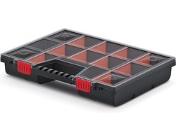 Kistenberg Sorteerbox/vakjes koffer - spijkers/schroeven/kleine spullen - 12 vaks - kunststof - zwart - 39 x 29 x 6.5 cm