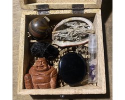 Kistje Bescherming - 6 Edelstenen - Tijgerijzer - Goudsteen - Onyx - Zwarte Toermalijn - Abaloneschelpje - Witte Salie - Cadeau