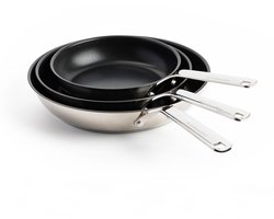 KitchenAid Stainless Steel Koekenpannenset 3-delig 20/24/28cm - PFAS-vrije antikleeflaag - Pannenset inductie - Keramische pan - Ovenbestendig tot 220°C - Zilver