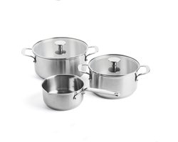 KitchenAid Stainless Steel Kookpannenset 5-delig - 16/20/24cm - 1.5/3.1/4.8L - PFAS-vrij - RVS pannenset - Pannenset inductie - Ovenbestendig tot 220°C - Met glazen deksel - Zilver