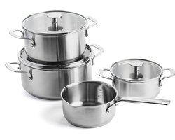 KitchenAid Stainless Steel Kookpannenset 7-delig - 16/20/24cm - 1.5/3.1/4.8L - PFAS-vrij - RVS pannenset - Pannenset inductie - Ovenbestendig tot 220°C - Met glazen deksel - Zilver