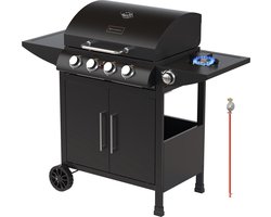 KitchenBrothers Gas BBQ - Gasbarbecue met zijbrander - 4 x 3KW + 1 x 2,5KW Gasbranders - PFAS Vrij - Met Gasaansluiting - 42x57cm Grilloppervlak - Extra Opbergruimte - Zwart
