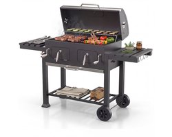 KitchenBrothers Houtskool BBQ XL - Dual Zone Smoker Barbecue - Met Verstelbare Kolenroosters & Inklapbare Zijtafels - PFAS-vrij - 42,3x75,8cm Grilloppervlak - Vaderdag Cadeau - Zwart