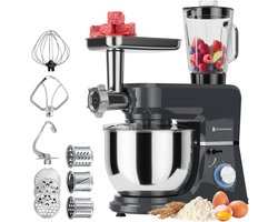 KitchenBrothers Keukenrobot - 6-in-1 Keukenrobot - 1500W - Met Gehaktmolen, Blender en 15 Accessoires - 6,2L RVS Kom - Antraciet
