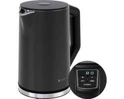 KitchenBrothers Waterkoker - Elektrisch - PFAS en BPA Vrij - 1,5L - 2200W - Instelbare Temperatuurregeling - Dubbelwandig - Waterkoker RVS - Zwart