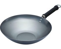 KitchenCraft World of Flavours Oosterse vlakke koolstofstalen wok met antiaanbaklaag van 3 cm
