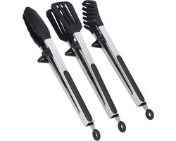 KitchenLove Vleestang Siliconen - Keukentang - Serveertang - Spaghettitang - Set van 3 Met Pootjes - Zwart