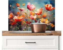 KitchenYeah® Spatscherm keuken 90x60 cm - Kookplaat achterwand bloemen - Klaprozen kunst - Muurbeschermer hittebestendig - Spatwand fornuis - Hoogwaardig aluminium - Keukenaccessoires abstract
