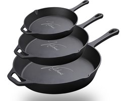 Kitchenz® Gietijzeren Pannenset – Gietijzeren Pan - Koekenpan - 3-delig – Skillet met Receptenboek