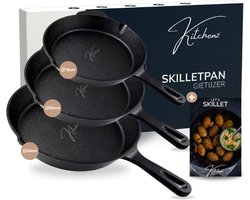 Kitchenz® Gietijzeren Pannenset & Koekenpannen – 3-delige Set Gietijzer Pannen met Skillet & Receptenboek