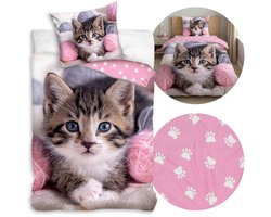 Kitten met wol, dubbelzijdig, kinderbeddengoed met ritssluiting, 100% katoen 160x200cm+70x80cm OEKO-TEX