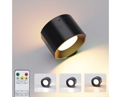 KL Home® LED Wandlamp Oplaadbaar - Wandlamp Binnen - USB Oplaadbaar - Draadloos - Dimbaar – Batterij - Slaapkamer - Woonkamer - Nachtlampje - 360° rotatie - Afstandsbediening - Zonder Boren - Touch Control - Trapverlichting - Zwart