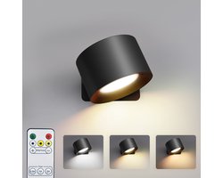KL Home® Oplaadbare wandlamp - Wandlamp Binnen - USB Oplaadbaar - Draadloos - Dimbaar – Batterij - Slaapkamer - Woonkamer - Nachtlampje - 360° rotatie - Zonder Boren - Afstandsbediening - Touch Control - Trapverlichting - Zwart