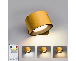 KL Home® Oplaadbare wandlamp - Wandlamp Binnen - USB Oplaadbaar - Draadloos - Dimbaar – Batterij - Slaapkamer - Woonkamer - Nachtlampje - 360° rotatie - Zonder Boren - Afstandsbediening - Touch Control - Trapverlichting - Houtkleur