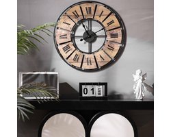 K&L Wall Art grote vintage wandklok woonkamer metalen klok pallet hout wandklokken zonder tikkend geluid modern XL Romeinse cijfers (metaal houtlook, Ø 50 cm antiek hout)