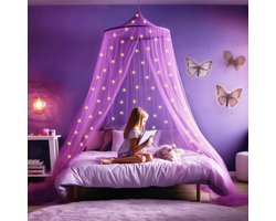 Klamboe - Klamboe met 67 lichtgevende sterren - Voor kinderkamer of hemelbed voor volwassenen - Sterrenhemelnet, hemel en bedtent - Babyklamboe decoratie - Paars