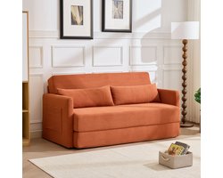 Klapbare slaapbank 2-in-1 - voor kleine ruimtes en appartement - Oranje - 165x92 cm - Zachte corduroy bekleding met 2 lendenkussens - Opbergvakken in armleuningen - Compact vouwontwerp