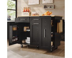 Klappbare keukeneiland serveerwagen zwart MDF | Multifunctionele buffetschrank eettafel met vaste wielen en opbergruimte voor kleine keukens